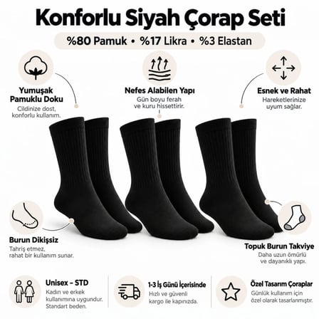 Wak Unisex Siyah Soket Çorap 3'lü Set Düz Basic Ribanalı Günlük Spor Esnek Rahat Uzun Çorap Konforlu Set