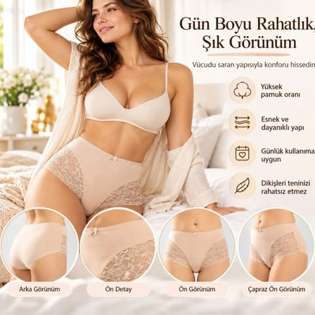 Wak Kadın Pamuklu 3'lü Yüksek Bel Güpürlü Bato Külot Siyah Ten | Yanları Dantelli Günlük ve Rahat İç Çamaşırı