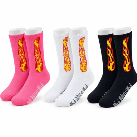 Wak Unisex Alev Desenli Çorap 3'lü Set Pamuklu Uzun Soket Dikişsiz Nefes Alan Günlük Spor Çorabı Yumuşak