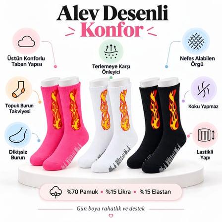 Wak Unisex Alev Desenli Çorap 3'lü Set Pamuklu Uzun Soket Dikişsiz Nefes Alan Günlük Spor Çorabı Yumuşak
