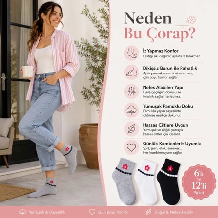 Wak Kadın Çiçek Desenli Kısa Konç Çorap 3’lü Paket, %80 Pamuklu Dikişsiz Burun, Nefes Alan Yumuşak Bilek Çorabı, Gri Siyah Beyaz