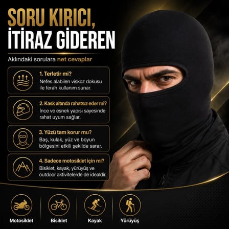 Wak Unisex Düz Siyah Balaklava 1 Adet Tek Beden Viskoz Kask İçi Motosiklet Outdoor Maske