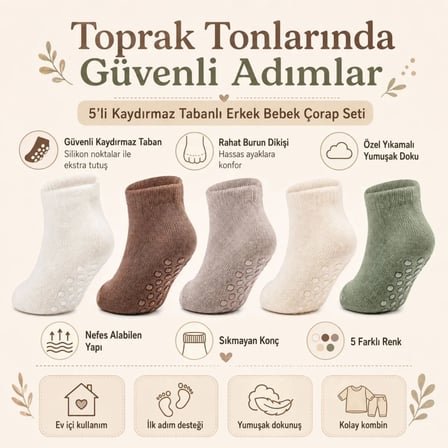 Wak 5’li Kaydırmaz Tabanlı Erkek Bebek Çorap Seti İnce Dikişli Toprak Tonları