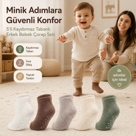 Wak 5’li Kaydırmaz Tabanlı Erkek Bebek Çorap Seti İnce Dikişli Toprak Tonları