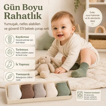 Wak 5’li Kaydırmaz Tabanlı Erkek Bebek Çorap Seti İnce Dikişli Toprak Tonları