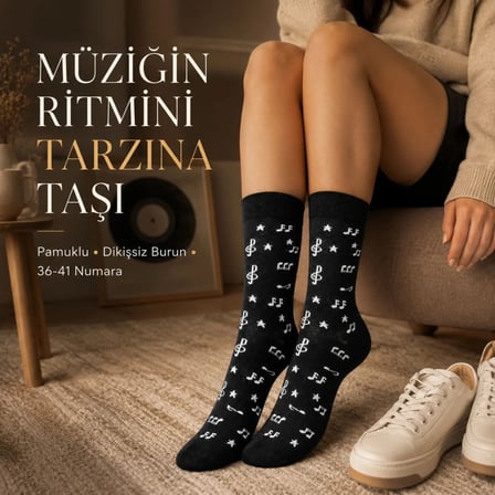Wak Müzik Notalı Kadın Soket Çorap 36-40 Pamuklu Dikişsiz Burun Siyah Beyaz Uzun Konç