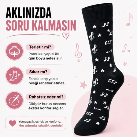 Wak Müzik Notalı Kadın Soket Çorap 36-40 Pamuklu Dikişsiz Burun Siyah Beyaz Uzun Konç