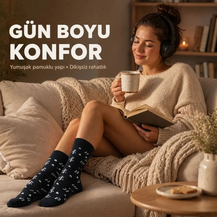 Wak Müzik Notalı Kadın Soket Çorap 36-40 Pamuklu Dikişsiz Burun Siyah Beyaz Uzun Konç
