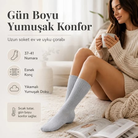 Wak Kadın Uyku Çorabı 37-41 Uzun Soket Yumuşak Fitilli Sıkmayan Esnek Ev Çorabı Gri Bej