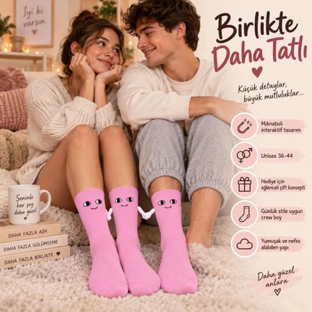 WomanAndKids Mıknatıslı El Ele Çorap Pembe Unisex 36-44 Pamuklu
