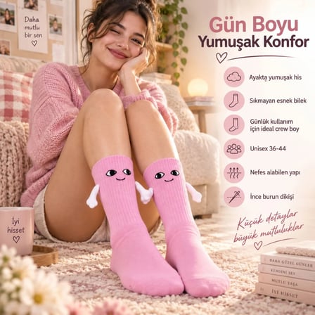 WomanAndKids Mıknatıslı El Ele Çorap Pembe Unisex 36-44 Pamuklu