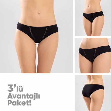 Wak Kadın Pamuklu Zikzak İşlemeli Bikini Kesim Külot 3'lü Paket | Siyah Beyaz Dantel Detaylı İç Çamaşırı