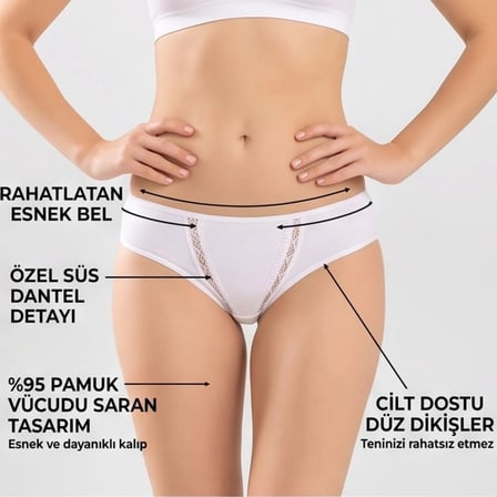 Wak Kadın Pamuklu Zikzak İşlemeli Bikini Kesim Külot 3'lü Paket | Siyah Beyaz Dantel Detaylı İç Çamaşırı