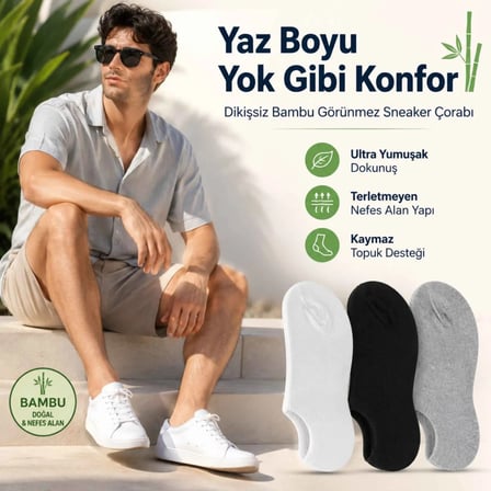 Wak Erkek Bambu 6’lı Dikişsiz Babet Çorap Siyah Beyaz Gri Görünmez Sneaker Çorap Nefes Alan Yumuşak