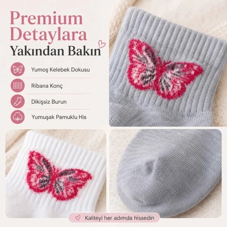 Wak Kadın Kelebek Desenli Kısa Konç Çorap 3’lü Paket, %80 Pamuklu Dikişsiz Burun, Nefes Alan Yumuşak Bilek Çorabı, Siyah Beyaz Gri