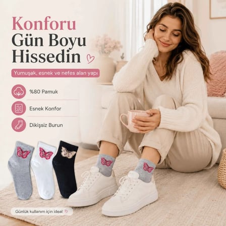 Wak Kadın Kelebek Desenli Kısa Konç Çorap 3’lü Paket, %80 Pamuklu Dikişsiz Burun, Nefes Alan Yumuşak Bilek Çorabı, Siyah Beyaz Gri