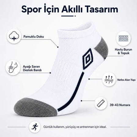 Wak Erkek 6’lı Spor Patik Çorap 39-44 Pamuklu Havlu Destekli Bilek Boy Beyaz Gri