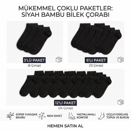 Wak Erkek Bambu Patik Çorap 6’lı Paket, Siyah Beyaz Gri, Nefes Alan Nem Emici Yumuşak Günlük Spor Bilek Çorabı