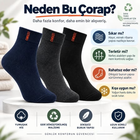 Wak Erkek Çorap Dikişsiz 3'lü Havlu | Orta Konç, Sıcak Tutan, Yumuşak ve Dayanıklı