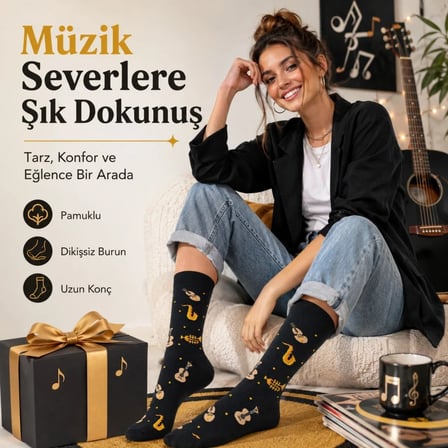 Wak Müzik Enstrüman Desenli Kadın Soket Çorap 36-40 Pamuklu Dikişsiz Burun Siyah Uzun Konç Hediyelik