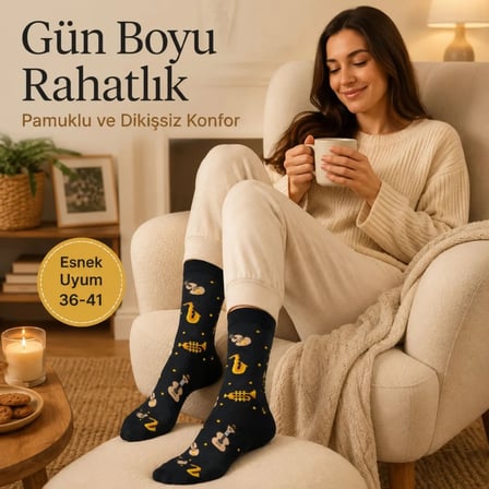 Wak Müzik Enstrüman Desenli Kadın Soket Çorap 36-40 Pamuklu Dikişsiz Burun Siyah Uzun Konç Hediyelik