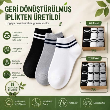 Wak Unisex Çizgili Kısa Konç Patik Çorap 6 Çift, %85 Pamuklu Geri Dönüştürülmüş İplik, Parfümlü İnce Dikişli, Siyah Beyaz Gri Günlük Spor Çorabı