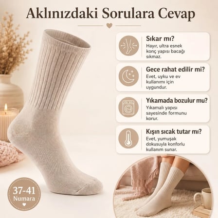 Wak Kadın 2’li Uyku Çorabı 37-41 Uzun Soket Yumuşak Fitilli Sıkmayan Esnek Ev Çorabı Gri Bej