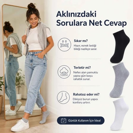 Wak Kadın Kısa Konç Çorap 3’lü Paket, %80 Pamuklu, Dikişsiz Burun, Nefes Alan Yumuşak Bilek Çorabı, Siyah Gri Beyaz