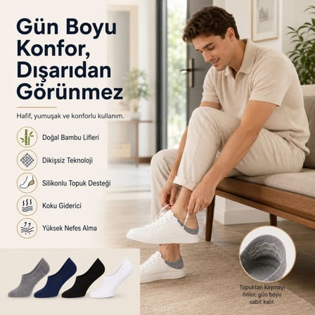 Wak Erkek Bambu 4’lü Babet Çorap Görünmez No Show Dikişsiz Silikon Topuklu