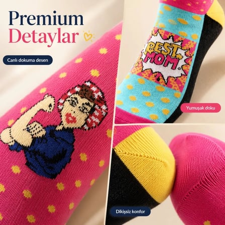 Wak Best Mom Kadın Çorabı 36-40 Pamuklu Dikişsiz Burun Pop Art Desenli Renkli Soket Hediyelik Çorap