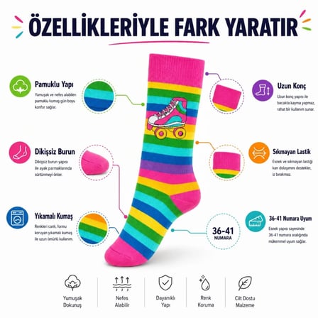 Wak Gökkuşağı Çizgili Retro Paten Desenli Soket Çorap Pamuklu Dikişsiz Burun 36-40 Numara Uzun Konç