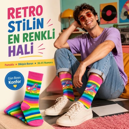 Wak Gökkuşağı Çizgili Retro Paten Desenli Soket Çorap Pamuklu Dikişsiz Burun 36-40 Numara Uzun Konç