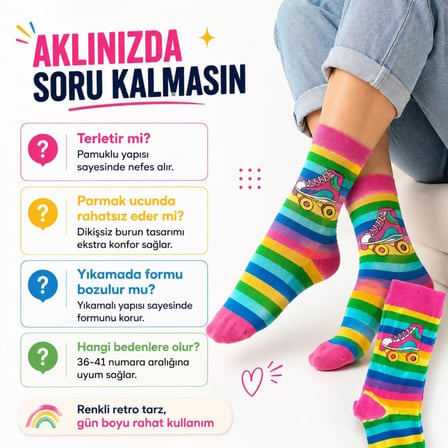 Wak Gökkuşağı Çizgili Retro Paten Desenli Soket Çorap Pamuklu Dikişsiz Burun 36-40 Numara Uzun Konç