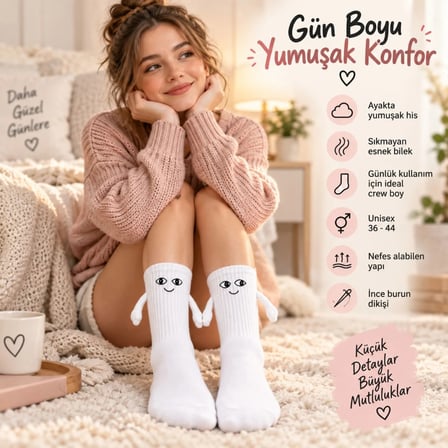 WomanAndKids Mıknatıslı El Ele Çorap Beyaz Unisex 36-44