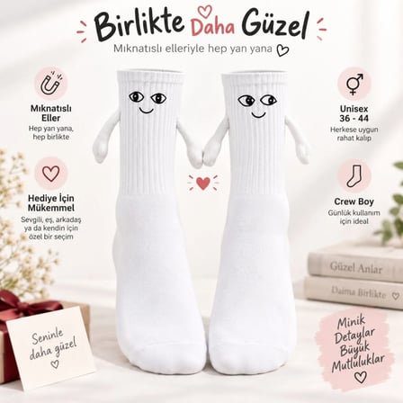 WomanAndKids Mıknatıslı El Ele Çorap Beyaz Unisex 36-44