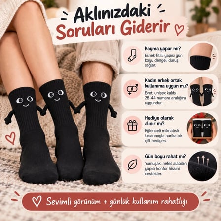Wak Mıknatıslı El Ele Unisex Tutuşan Sevimli Çorap 36-44 | Çift Hediyesi, Pamuklu Renkli Crew Model