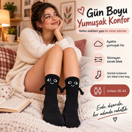 Wak Mıknatıslı El Ele Unisex Tutuşan Sevimli Çorap 36-44 | Çift Hediyesi, Pamuklu Renkli Crew Model