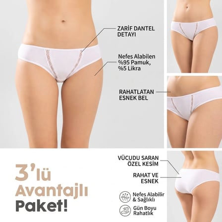 Wak Kadın Pamuklu Zikzak İşlemeli Bikini Kesim Külot 3'lü Paket | Siyah Beyaz Dantel Detaylı İç Çamaşırı