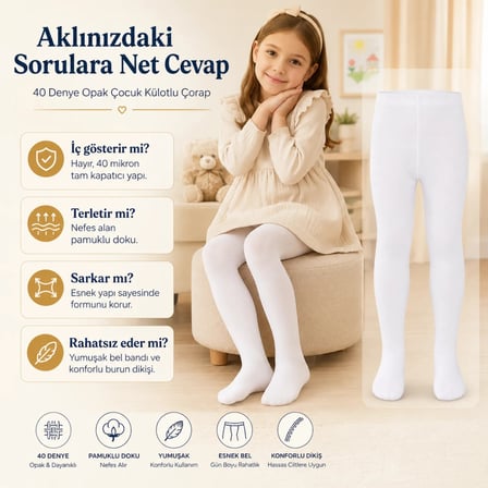 Wak Kız Çocuk Beyaz 40 Denye Opak Külotlu Çorap Okul Bale ve Özel Gün Çorabı