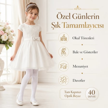 Wak Kız Çocuk Beyaz 40 Denye Opak Külotlu Çorap Okul Bale ve Özel Gün Çorabı