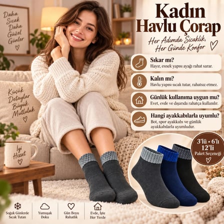 WomanAndKids Kadın Havlu Dikişsiz Kısa Konç Çorap 3'lü Paket Gri Lacivert Siyah 36-40