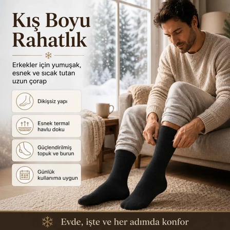 Wak Erkek Siyah 6’lı Kışlık Uzun Termal Havlu Çorap | Dikişsiz, Esnek, Sıcak Tutan, Güçlendirilmiş Topuk ve Burun