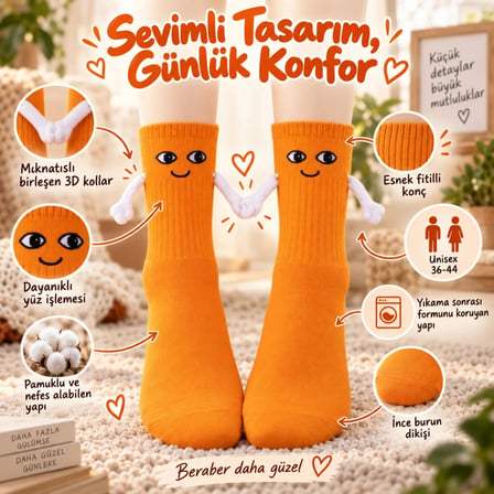 Wak Mıknatıslı El Ele 2'li Unisex Tutuşan Sevimli Çorap 36-44 | Çift Hediyesi, Pamuklu Renkli Crew Model