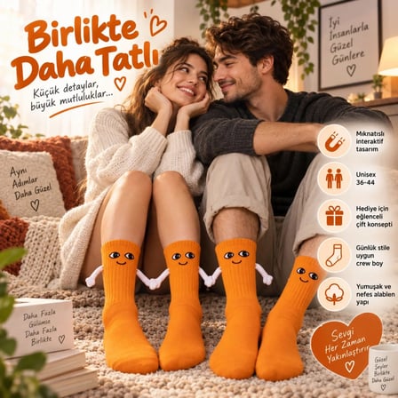Wak Mıknatıslı El Ele 2'li Unisex Tutuşan Sevimli Çorap 36-44 | Çift Hediyesi, Pamuklu Renkli Crew Model