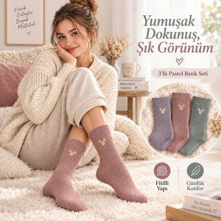 WomanAndKids Kadın Geyik Nakışlı Fitilli Soket Çorap 3'lü Pastel Renk Seti 36-40