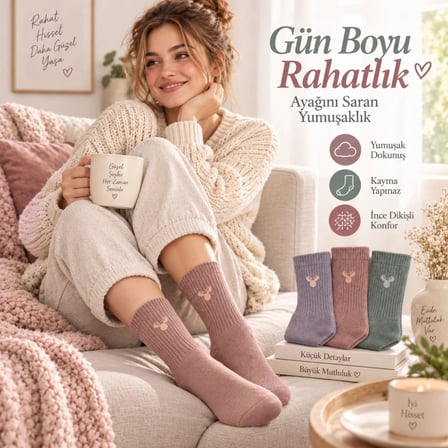 WomanAndKids Kadın Geyik Nakışlı Fitilli Soket Çorap 3'lü Pastel Renk Seti 36-40