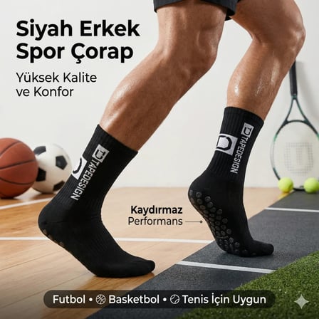 Wak Kaydırmaz Futbol Basketbol Tenis Erkek Spor Çorap, Siyah, Kaymaz Çorap Tabanlı, Dikişsiz ve Parfümlü, Yüksek Kalite