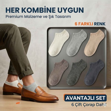 Wak Erkek Görünmez Çorap 6’lı Set, Babet Kesim, Yumuşak ve Esnek Yapı, Krem, Açık Gri, Bej, Vizon, Antrasit, Füme
