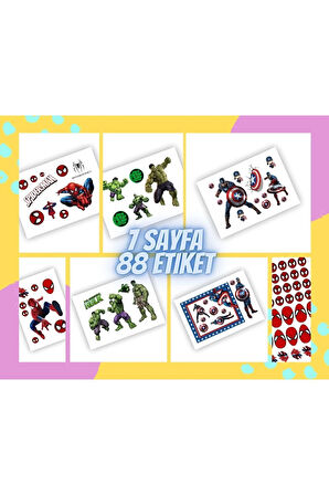 7 Sayfa 88 Adet Süper Kahraman Etiket Sticker Set Spiderman - Hulk - Captain America