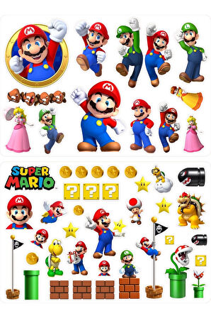 Super Mario Sticker 1cm Ile 5cm Arası 2 Sayfa 50 Adet Etiket